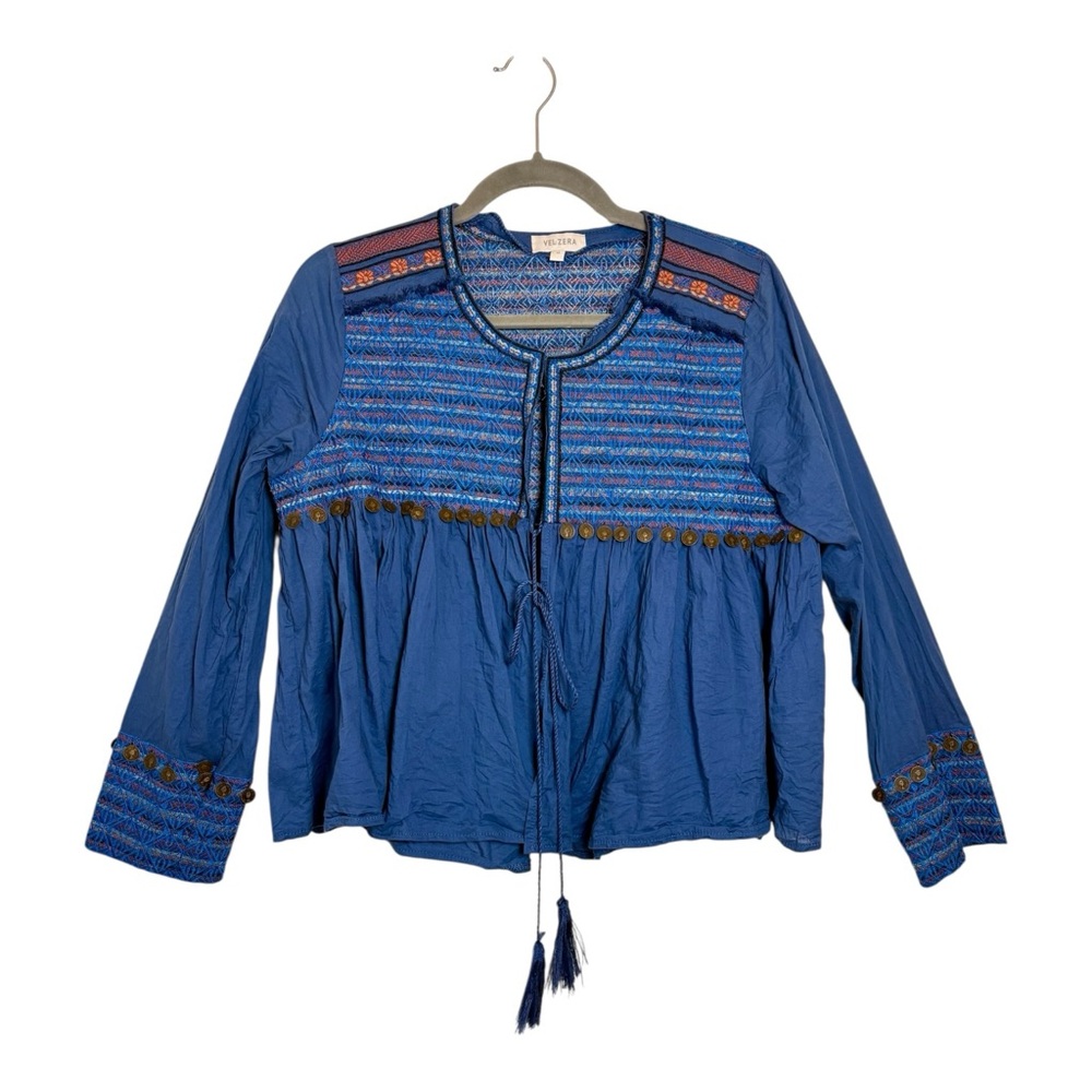 Velzera Blue Chambray Embroidered Coin Trim Boho Western Peasant Top Medium